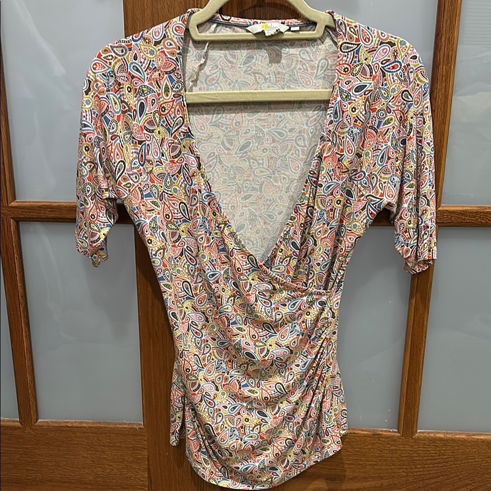 Boden Pink and Orange Wrap Blouse with Ruched Sleeves​​​​